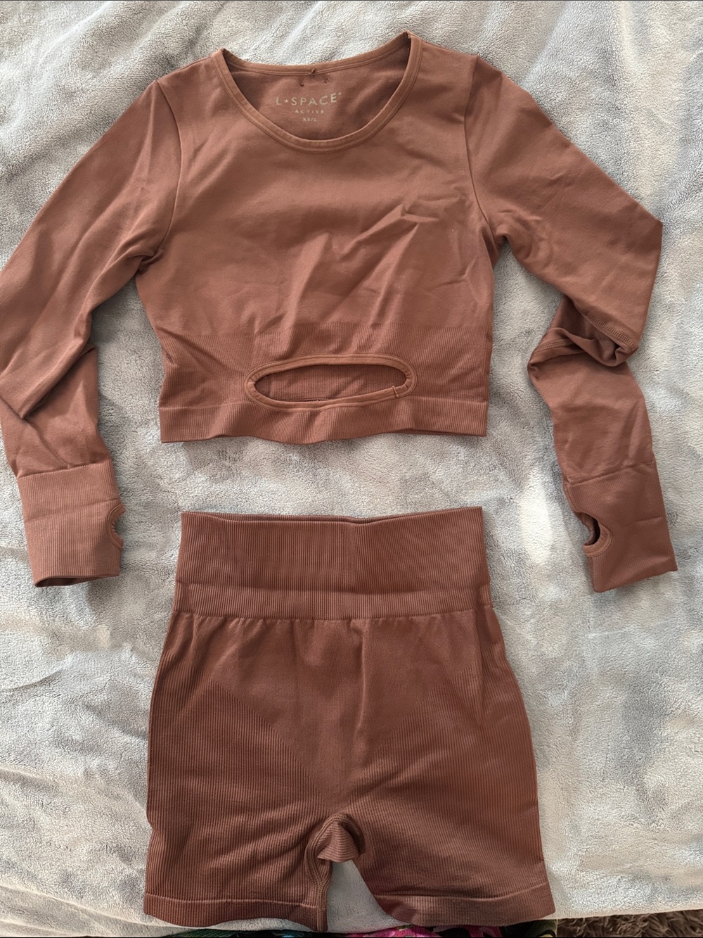 l*space Brown Ribbed Cutout Long Sleeve Crop Top & Biker Shorts Set